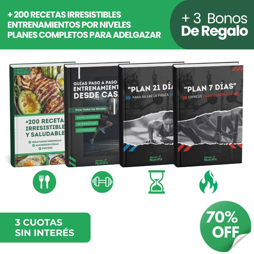 + 200 RECETAS SALUDABLES  + ENTRENAMIENTOS POR NIVEL + PLANES COMPLETOS PARA ADELGAZAR + 3 BONOS DE REGALO
