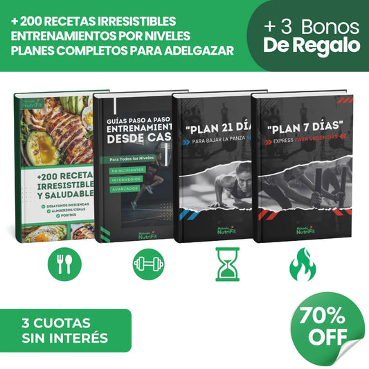 + 200 RECETAS SALUDABLES  + ENTRENAMIENTOS POR NIVEL + PLANES COMPLETOS PARA ADELGAZAR + 3 BONOS DE REGALO